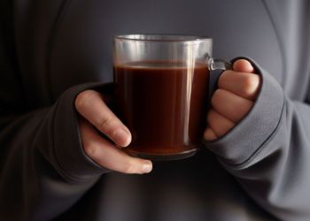 Primo piano delle mani di una ragazza che regge una tazza di vetro trasparente colma di cioccolata calda densa e scura, indossando una felpa tecnica grigio antracite