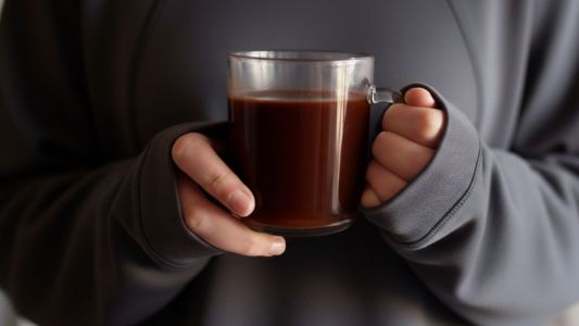 Primo piano delle mani di una ragazza che regge una tazza di vetro trasparente colma di cioccolata calda densa e scura, indossando una felpa tecnica grigio antracite