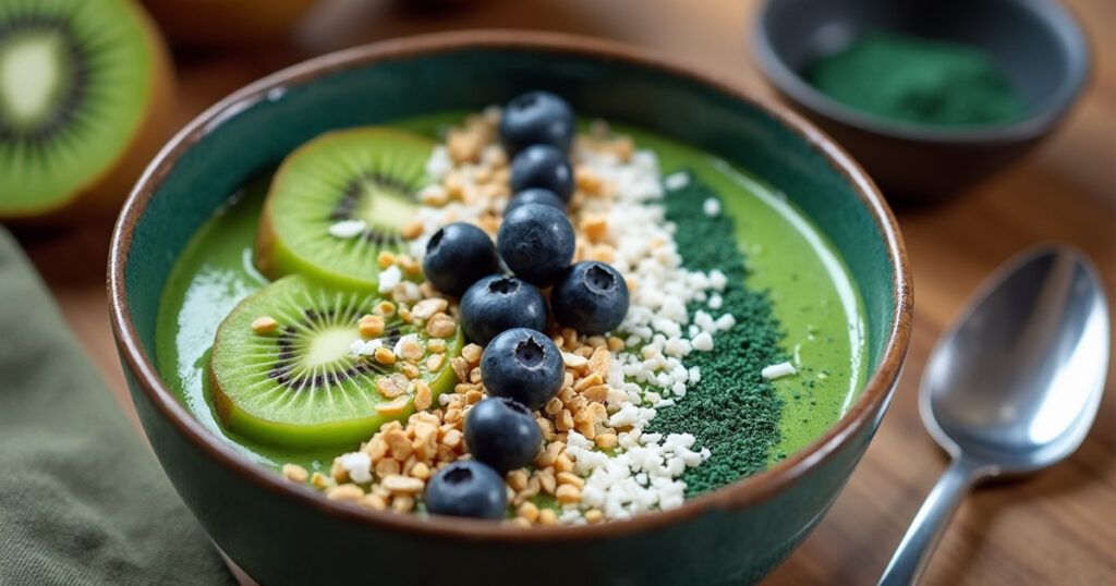 Snack bowl con spirulina e ingredienti salutari, perfetto per chi segue un regime per il controllo del peso.