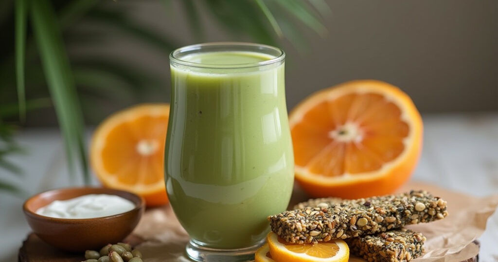 Smoothie verde a base di spirulina, accanto a frutta fresca e semi, ideale per una dieta dimagrante.