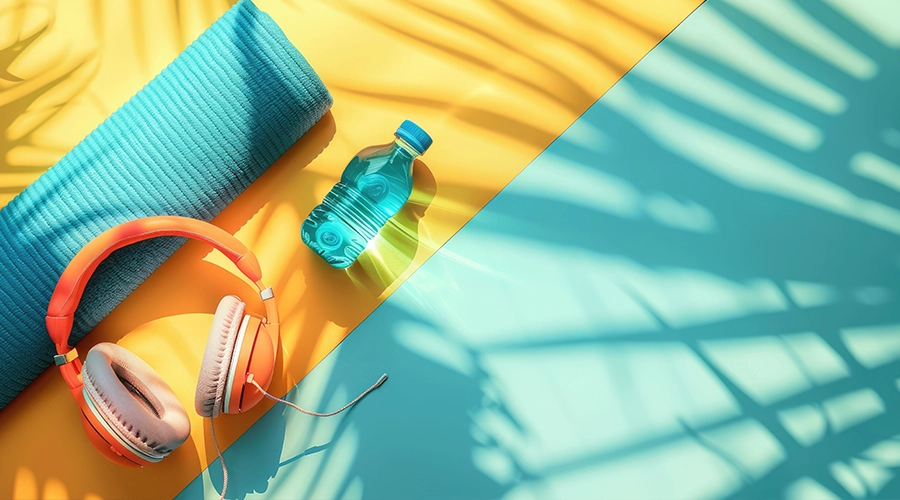 Kit per l'allenamento estivo in vacanza composto da tappetino, borraccia e cuffie su sfondo colorato.