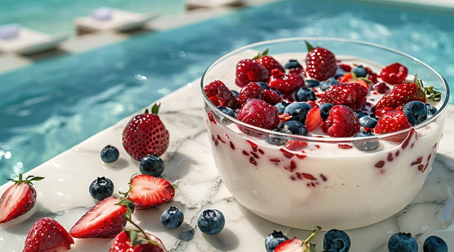 Bowl di yogurt greco con frutti di bosco freschi, un'idea per una colazione proteica estiva."